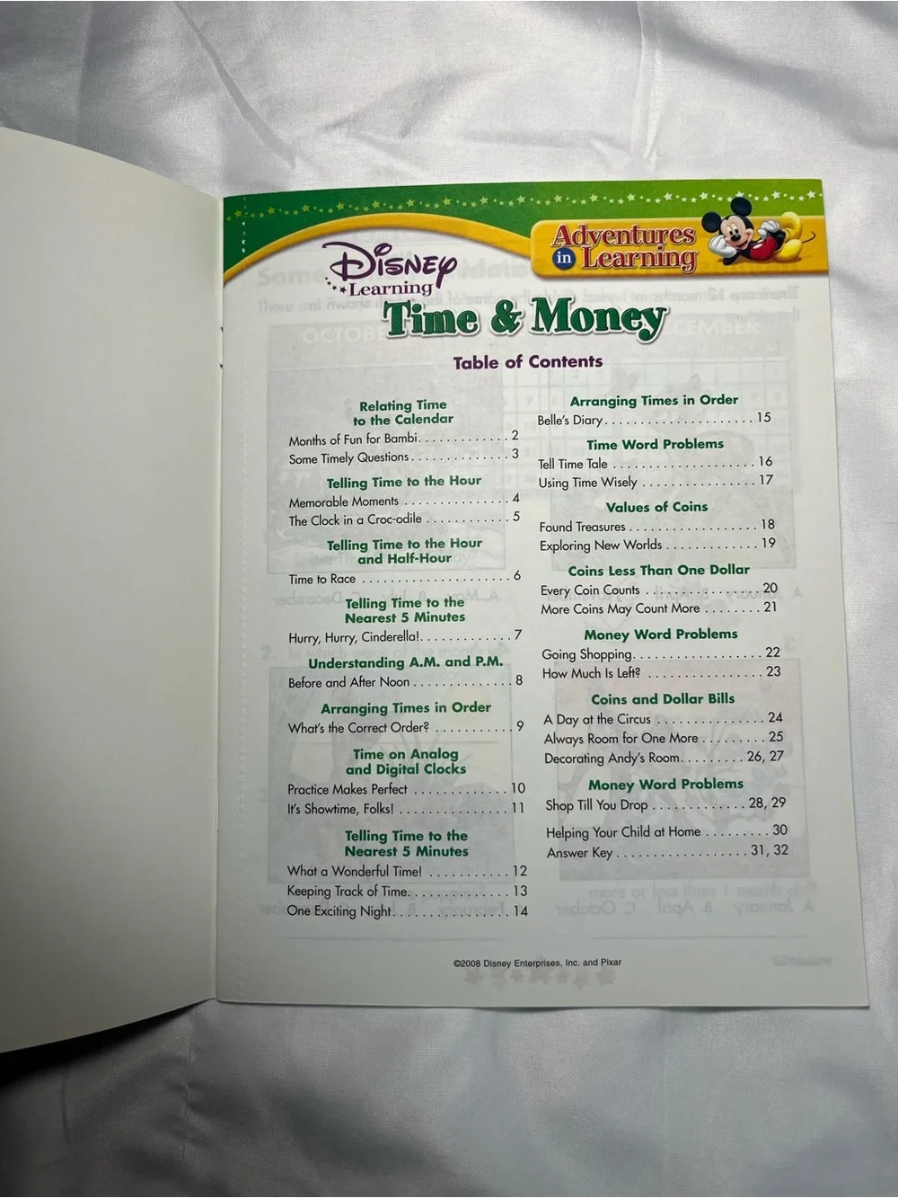 Disney Adventures in Learning Time & Money Workbook Grade 2 2005‎ NEW